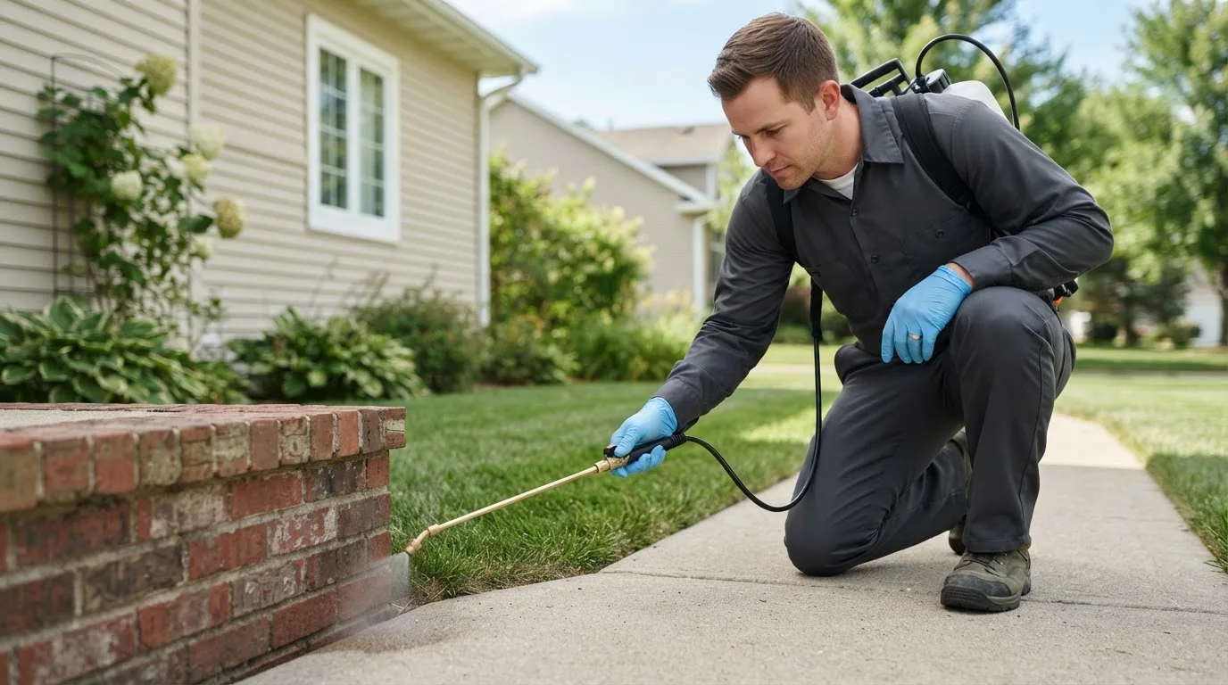 Pest control technician treating a home near Westphalia, KS