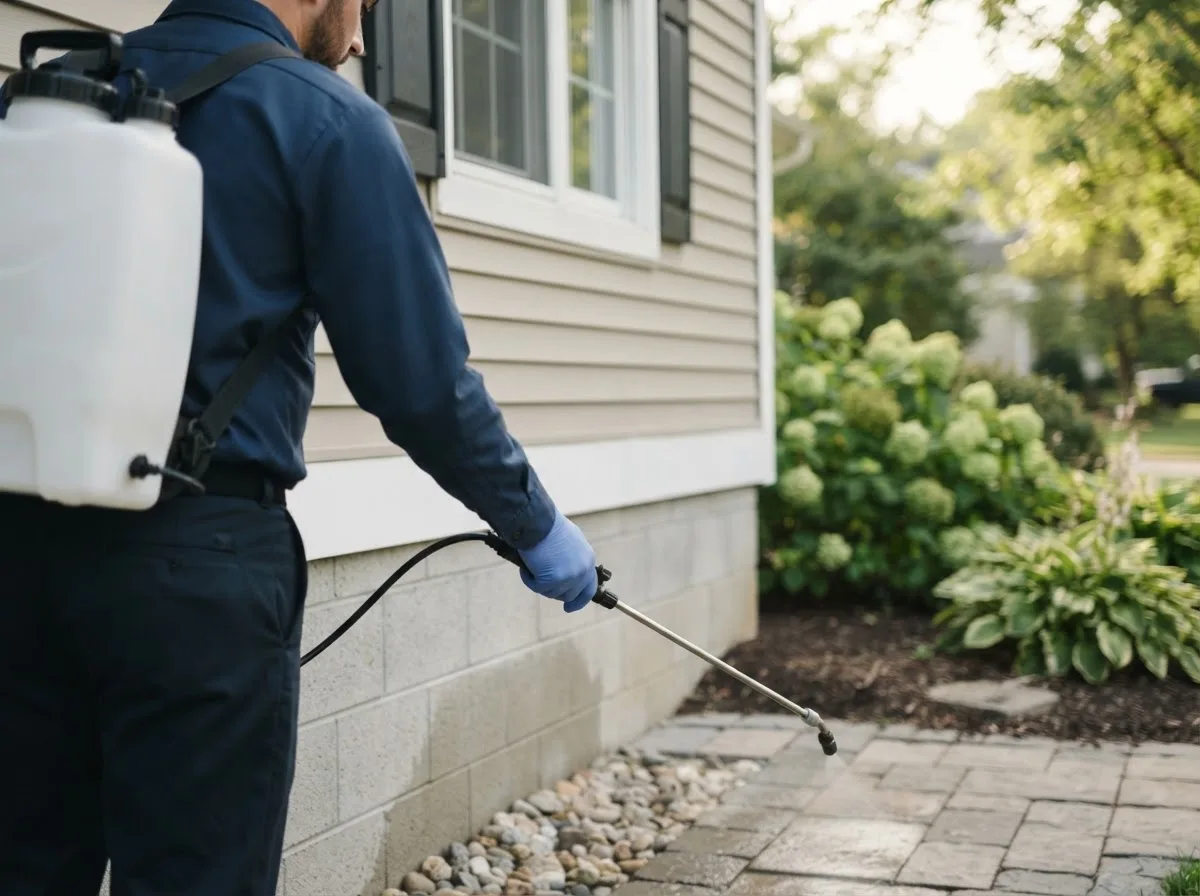 Pest control technician inspecting a home in Westphalia, KS